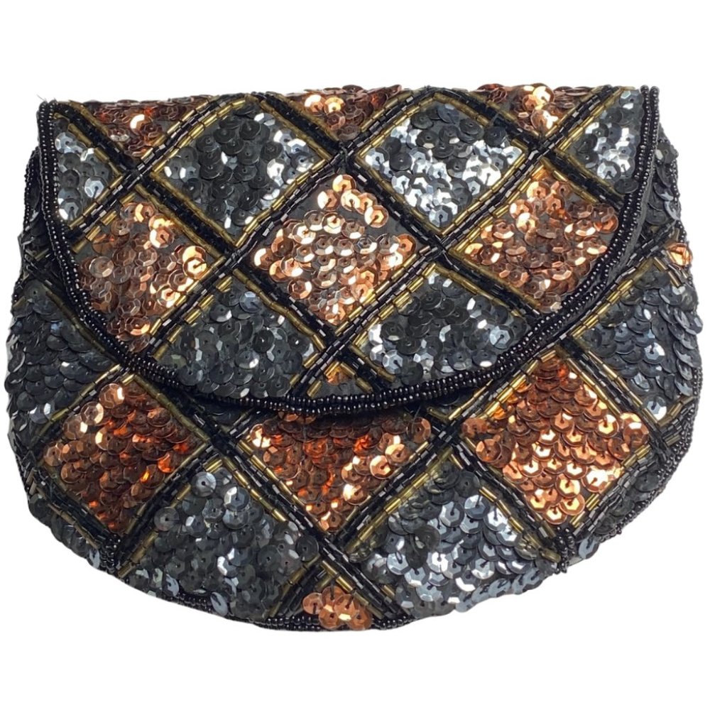 Black and copper sequin clutch purse